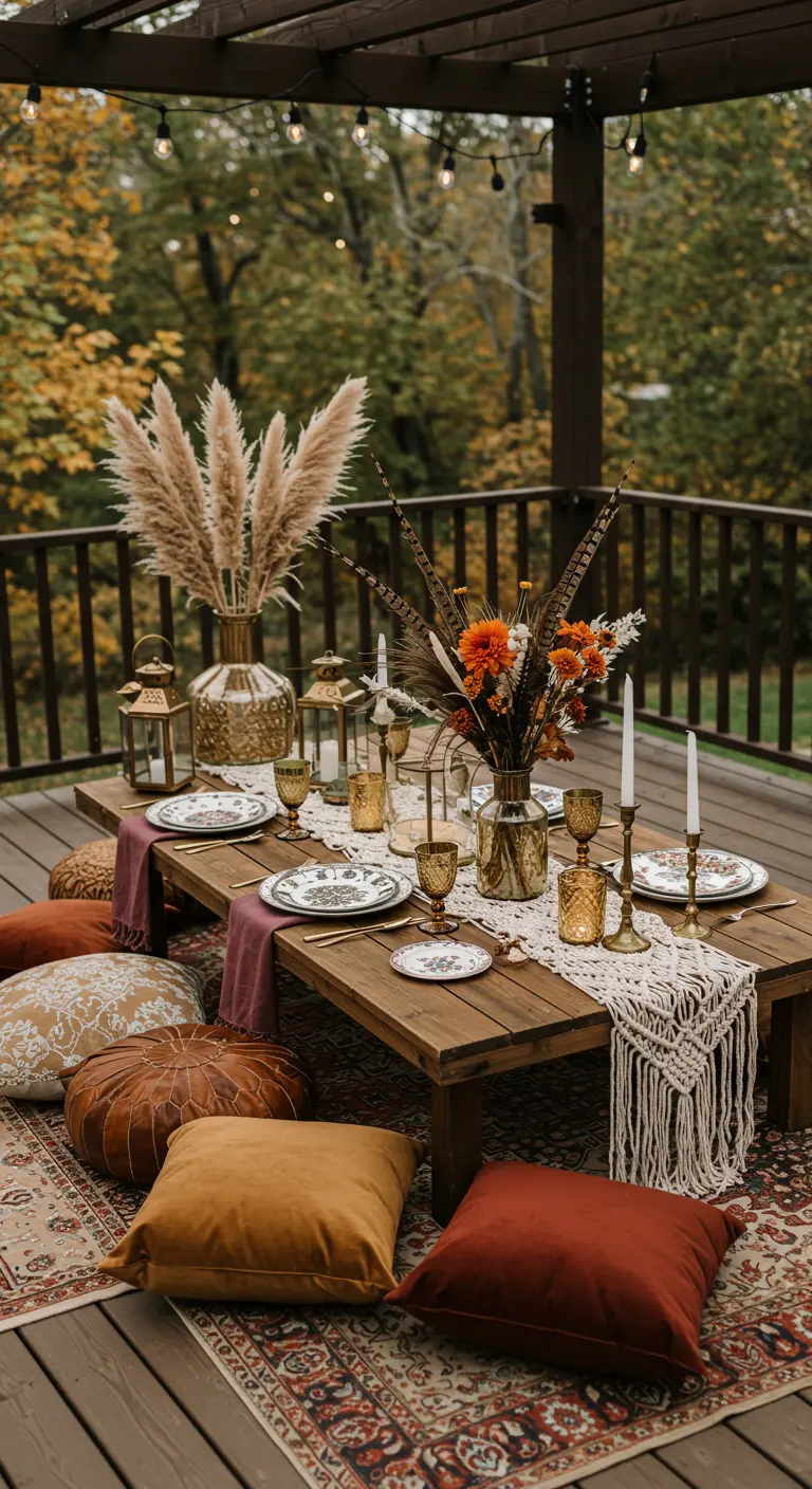 Table basse sur une terrasse avec des coussins au sol, de l'herbe de la pampa et de la vaisselle vintage.