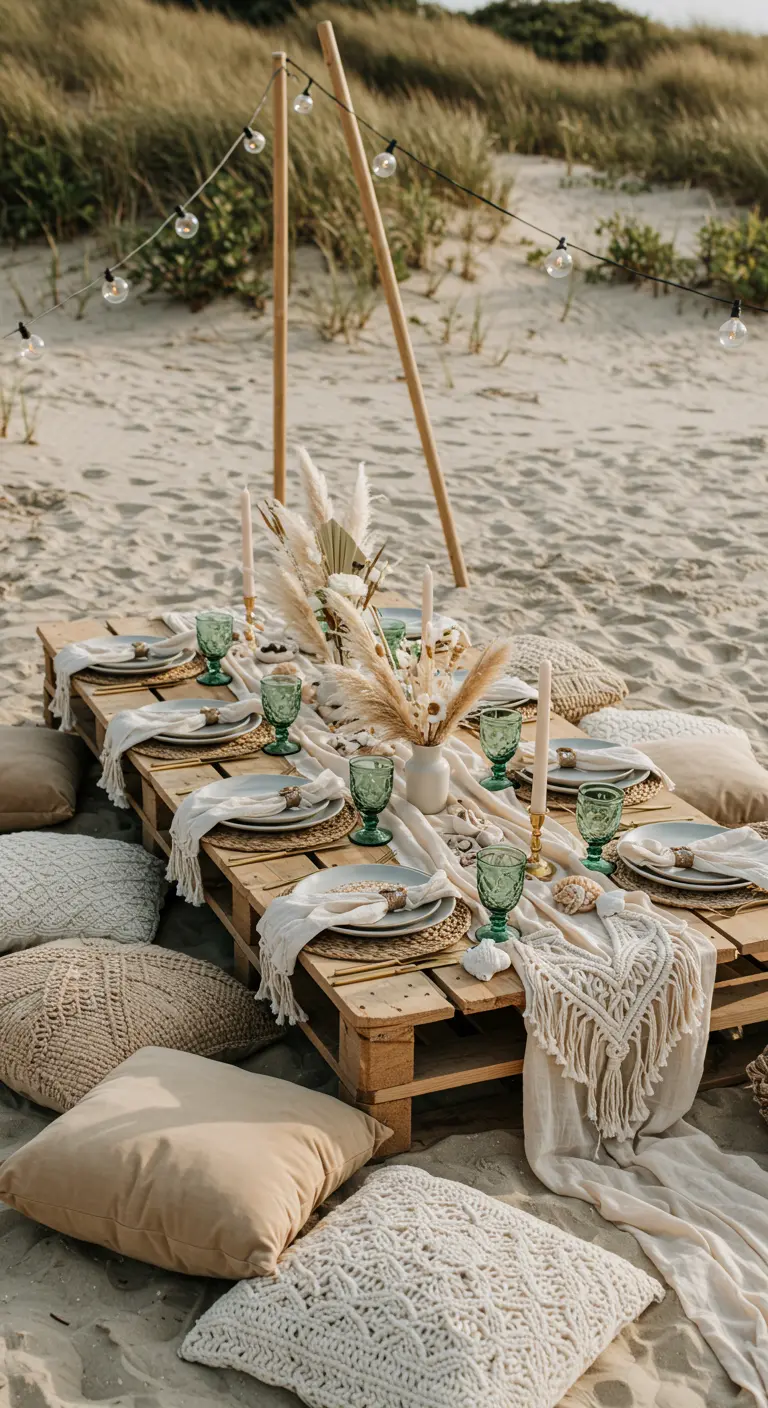 Pique-nique bohème sur la plage avec table basse en palette, coussins en macramé et guirlande.