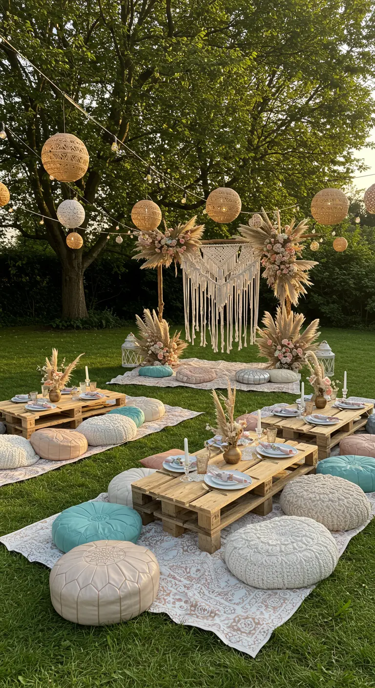 Pique-nique bohème avec tables basses en palettes, poufs pastel et décorations en macramé.
