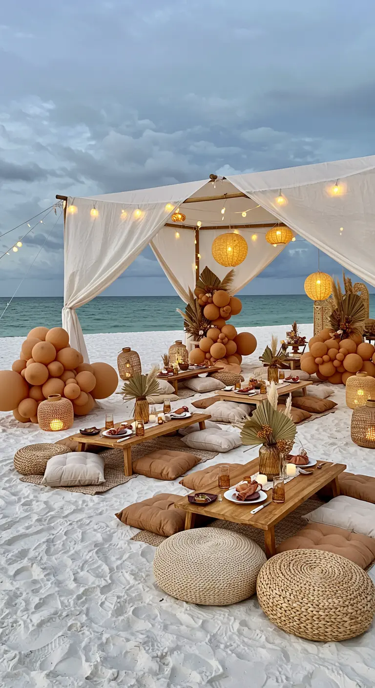 Pique-nique chic sur la plage avec ballons terracotta et lanternes en rotin.
