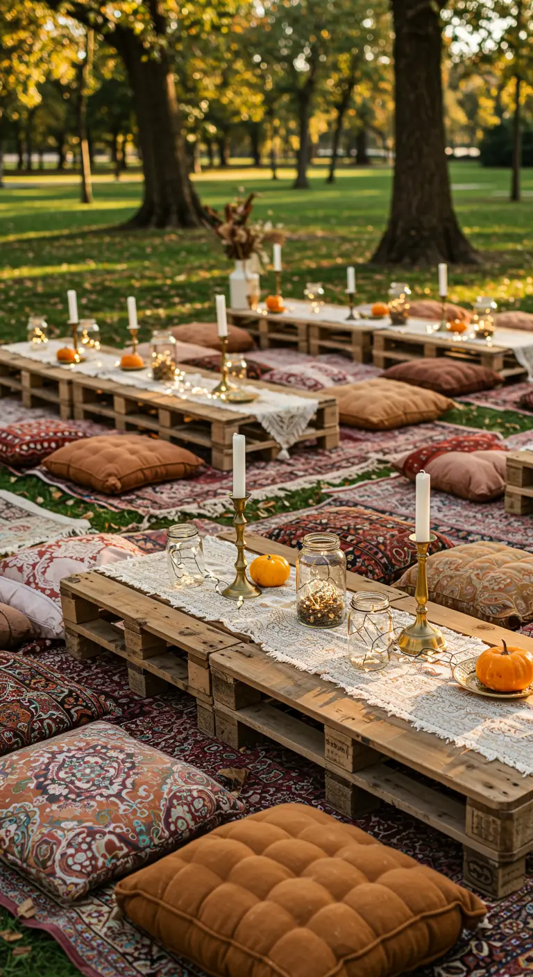 Pique-nique bohème avec tables palettes, tapis orientaux et coussins