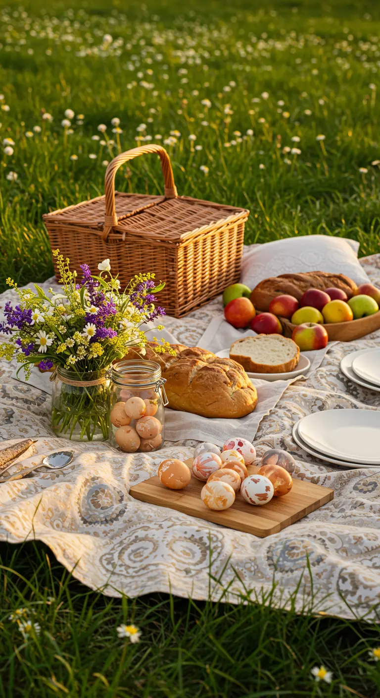 Pique-nique de Pâques dans un pré avec un panier, du pain et des œufs décorés.
