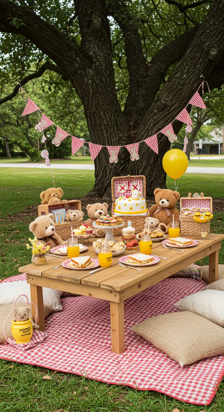 Pique-nique d'ours en peluche dans un parc avec nappe à carreaux et paniers en osier.