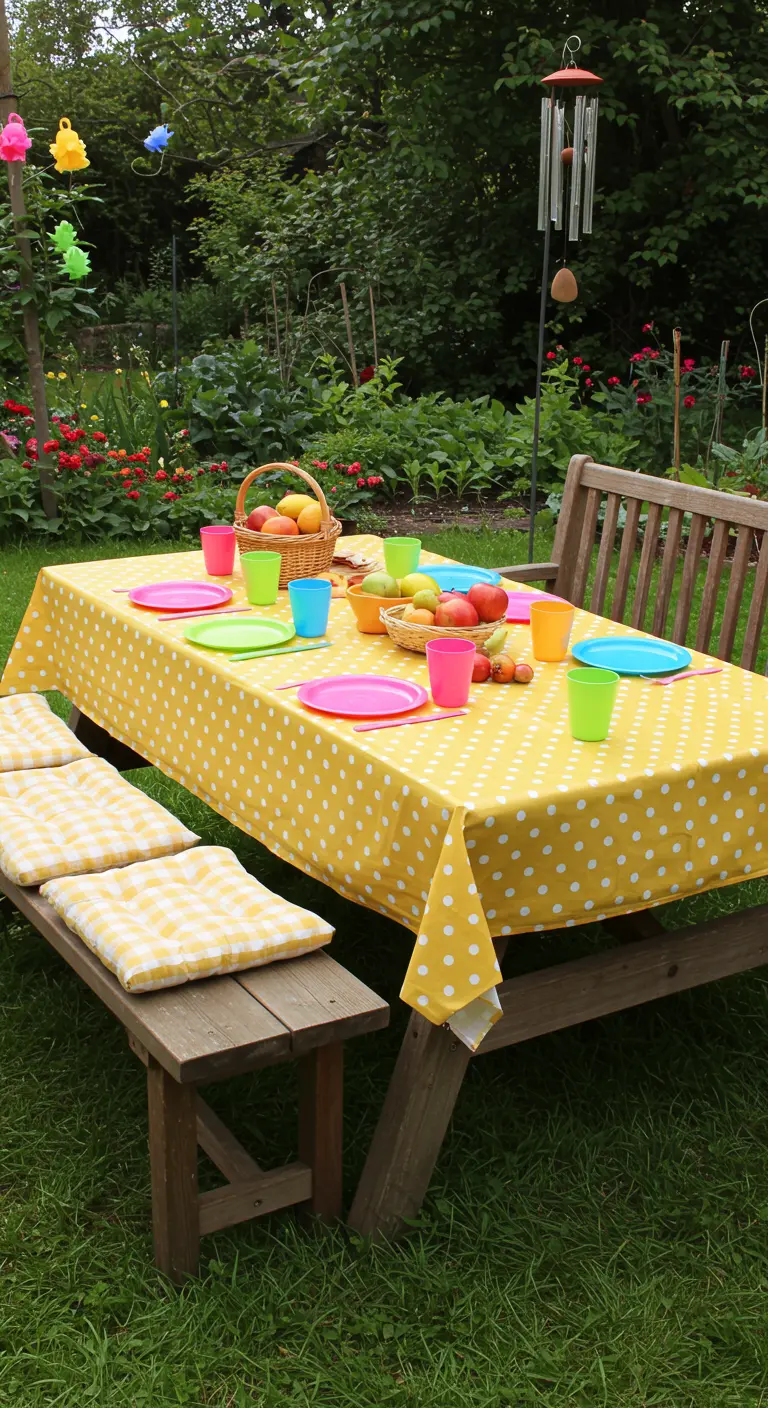 Table de pique-nique en bois avec nappe à pois jaunes, vaisselle colorée et coussins vichy.