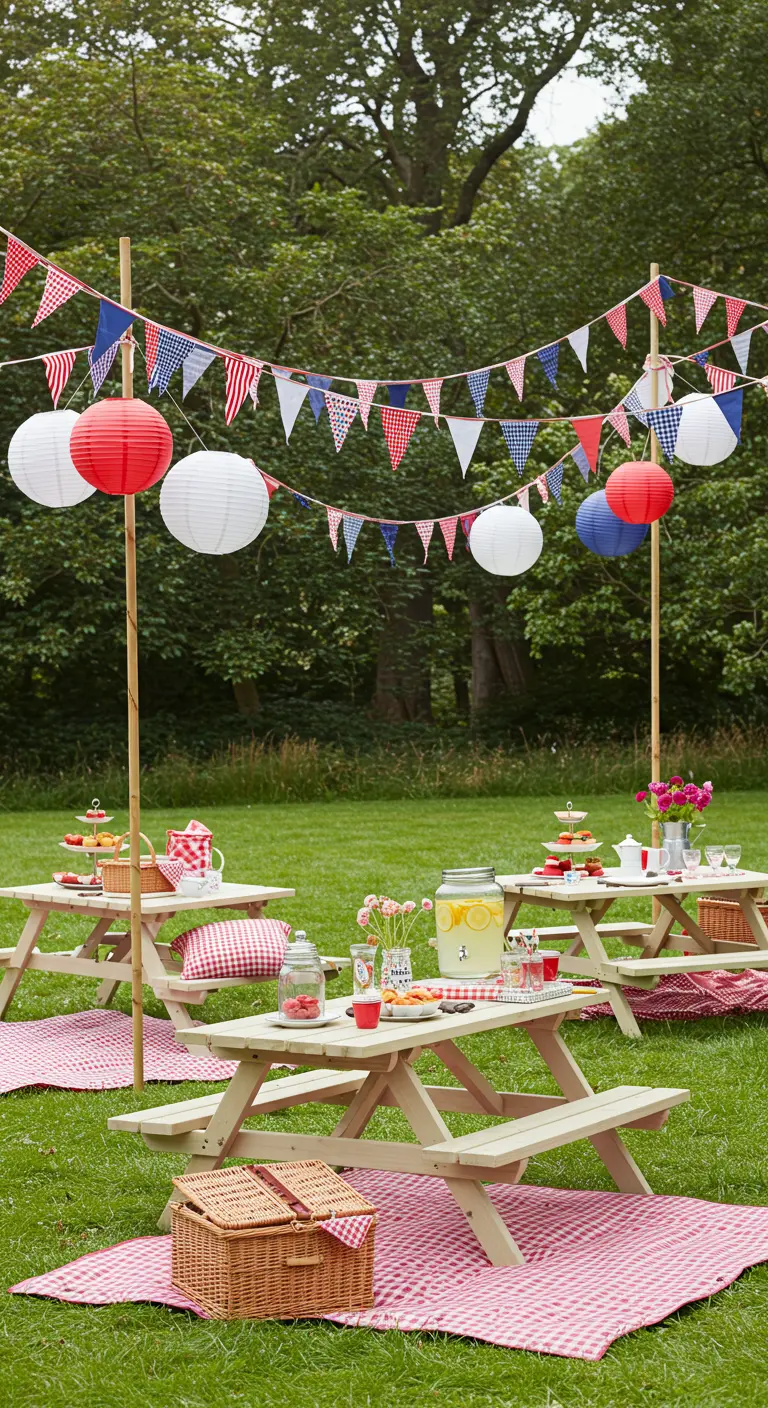 Pique-nique champêtre avec tables de pique-nique, nappes vichy rouges et blanches, lampions et fanions.