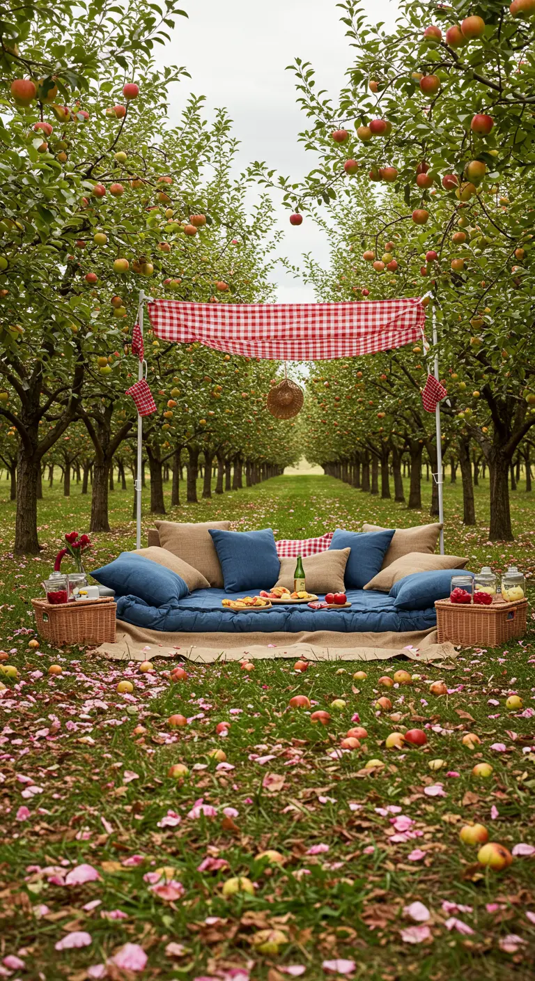 Matelas de sol avec des coussins pour un pique-nique dans un verger