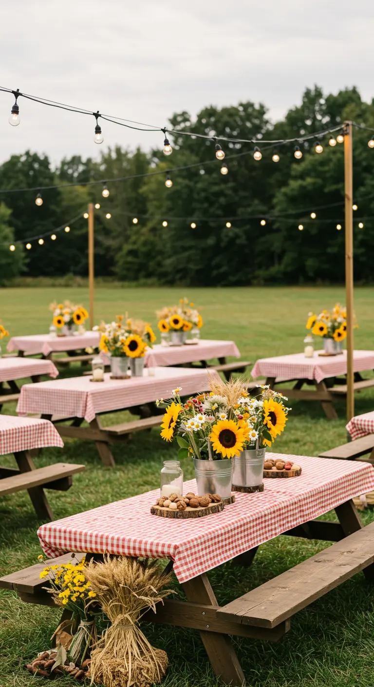 Tables de pique-nique avec nappes à carreaux et bouquets de tournesols dans des seaux.