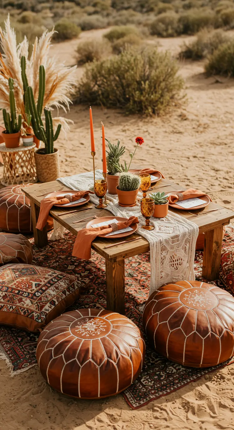 Pique-nique bohème dans le désert avec table basse, poufs en cuir et cactus.