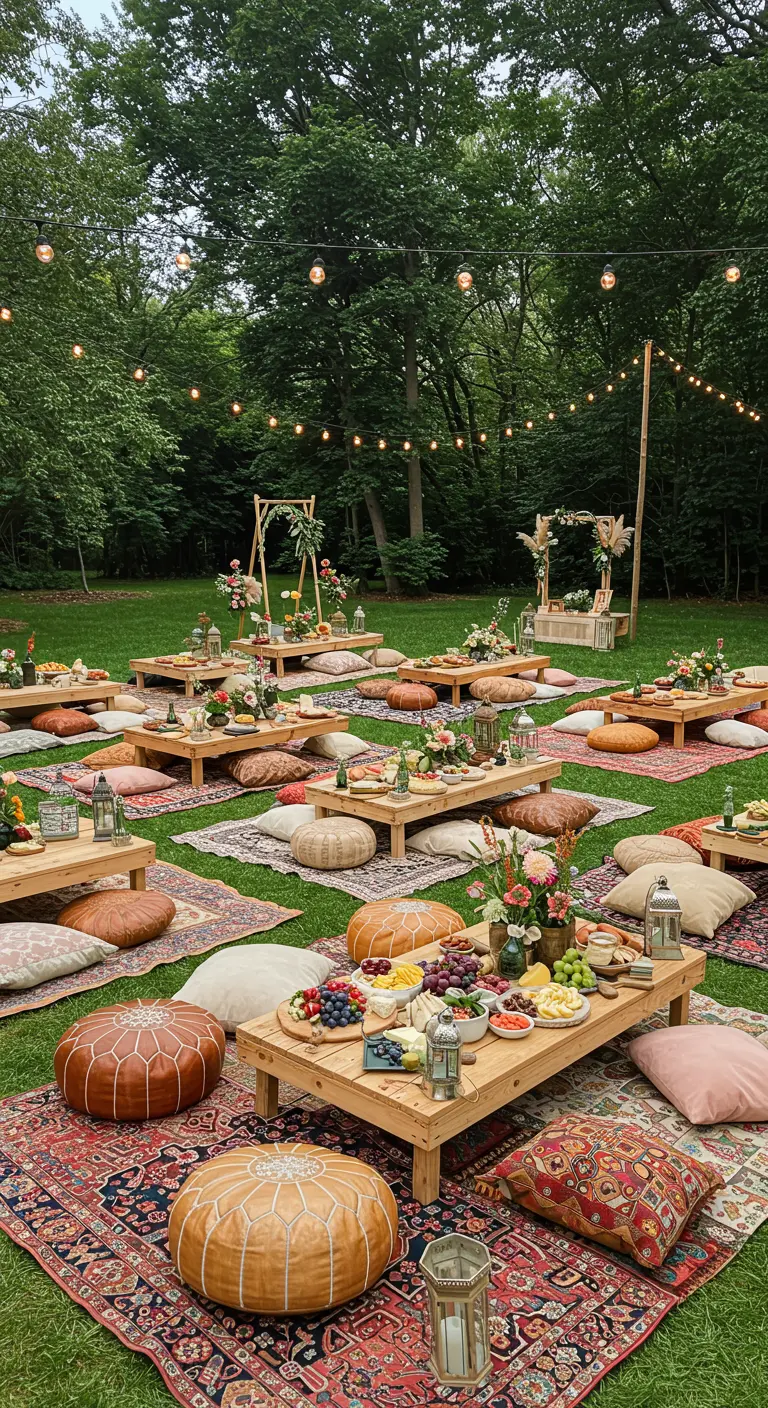 Réception de mariage bohème en mode pique-nique avec tables basses, coussins, tapis orientaux et assortiment de plats.