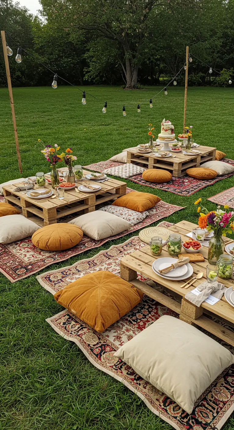 Pique-nique en jardin avec tables basses en palettes, coussins confortables et guirlandes.