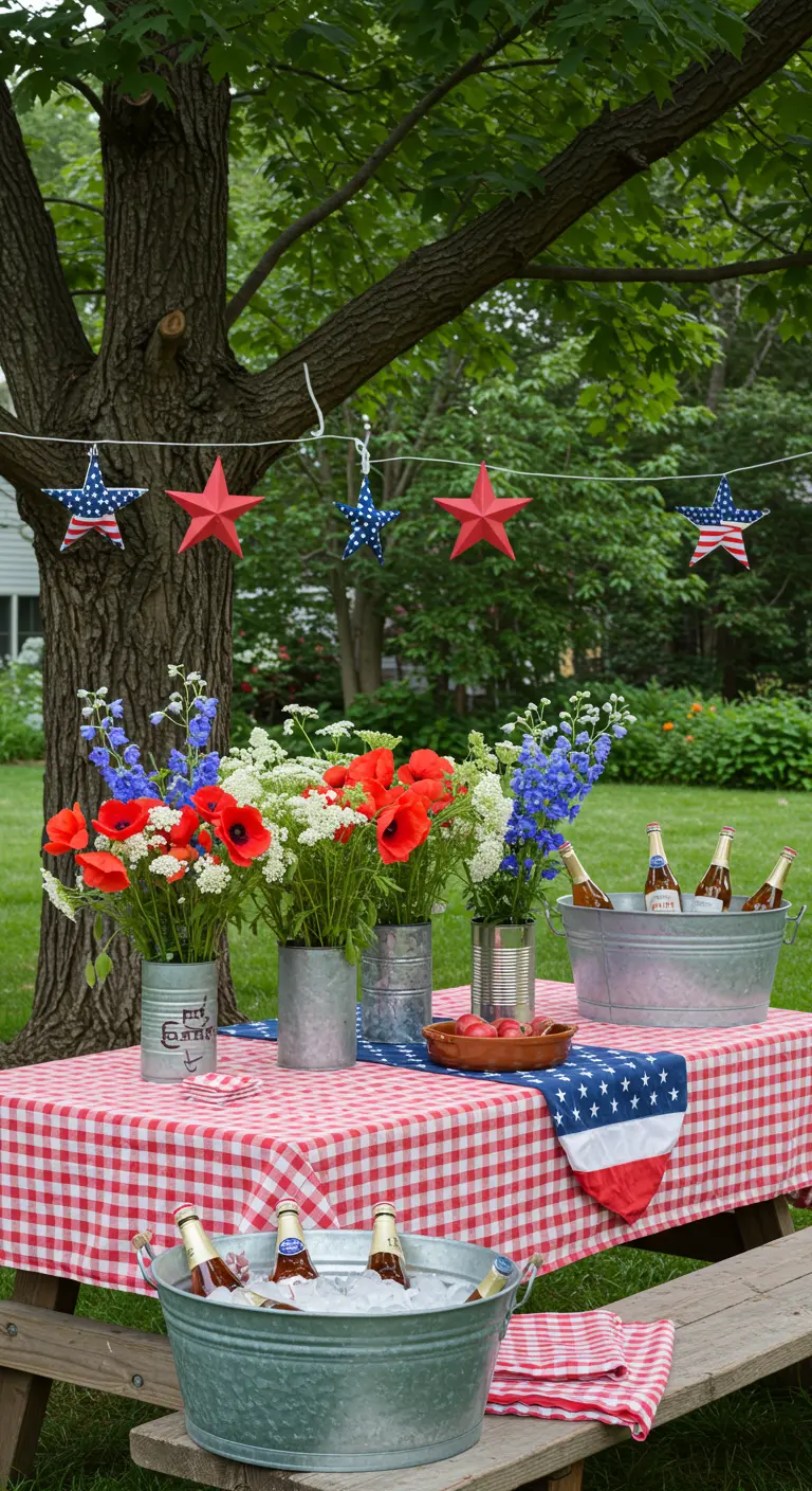 Table de pique-nique avec nappe à carreaux rouges, seaux de fleurs et une guirlande d'étoiles.