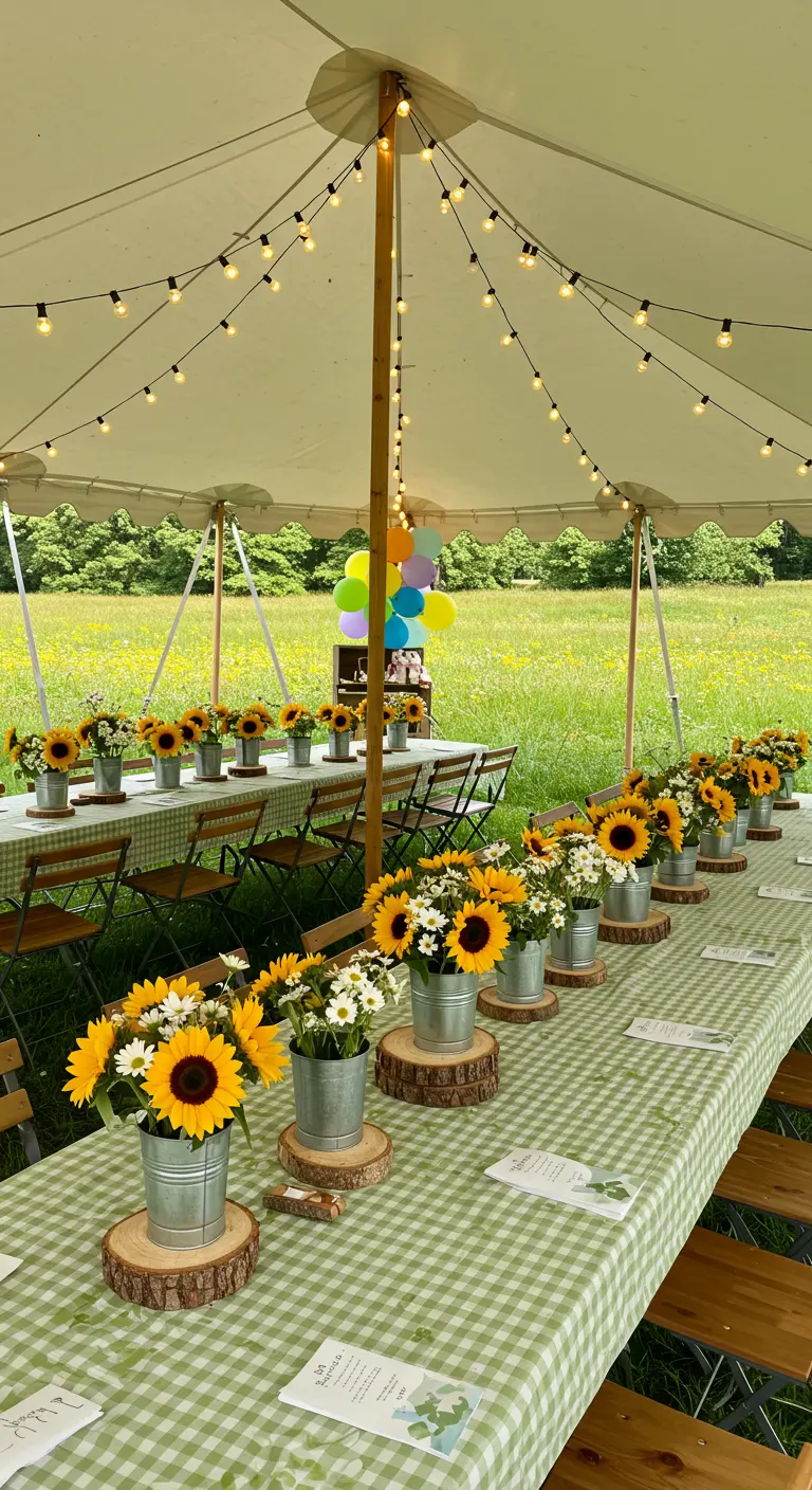 Table de pique-nique avec nappe vichy verte et bouquets de tournesols.