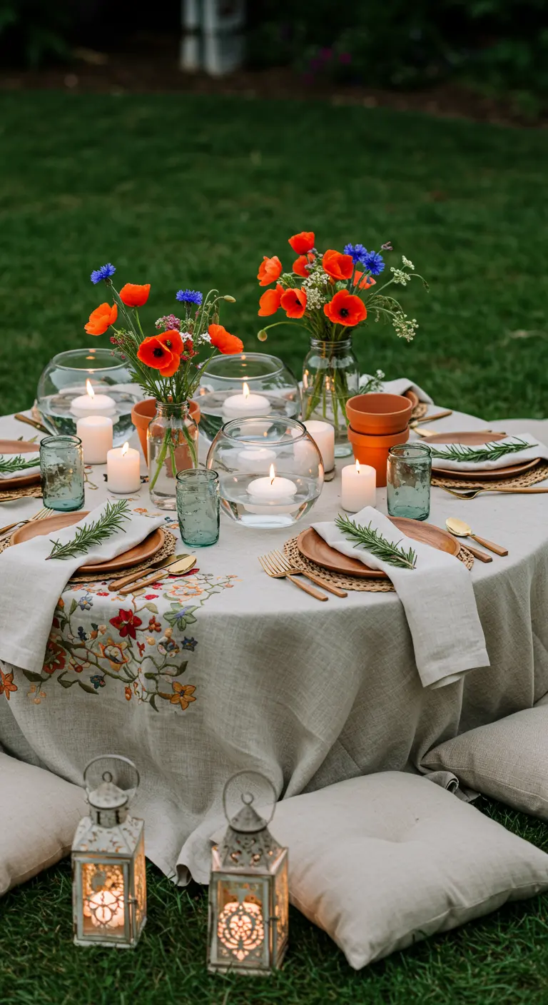 Table basse sur herbe avec nappe brodée, coquelicots, bougies flottantes et coussins de sol.