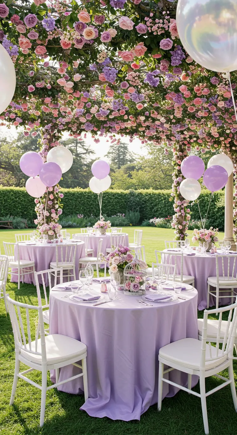 Jardin fleuri avec des tables rondes nappées de lavande, chaises blanches et ballons pastel.