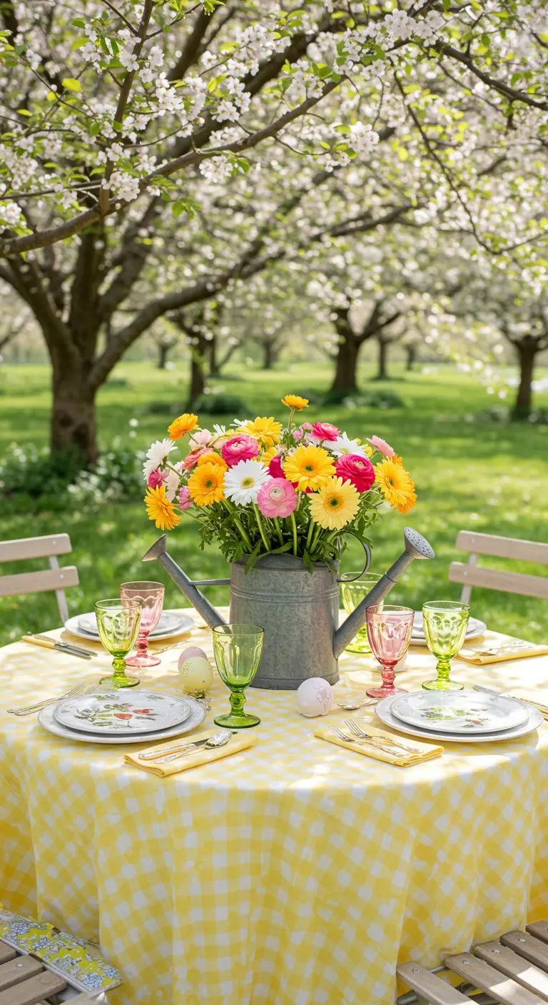 Table de Pâques en plein air avec nappe vichy jaune et fleurs dans un arrosoir.