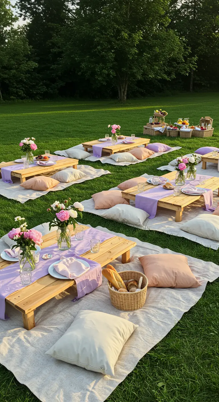 Pique-nique printanier avec tables basses en bois, coussins pastel et bouquets de pivoines.