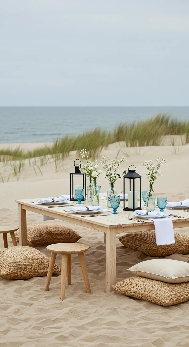 Table basse en bois sur une plage, entourée de coussins de sol, avec lanternes noires et fleurs blanches.