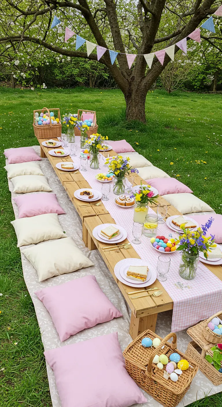 Chemin de table vichy rose sur table basse en bois pour pique-nique avec coussins et œufs de Pâques.