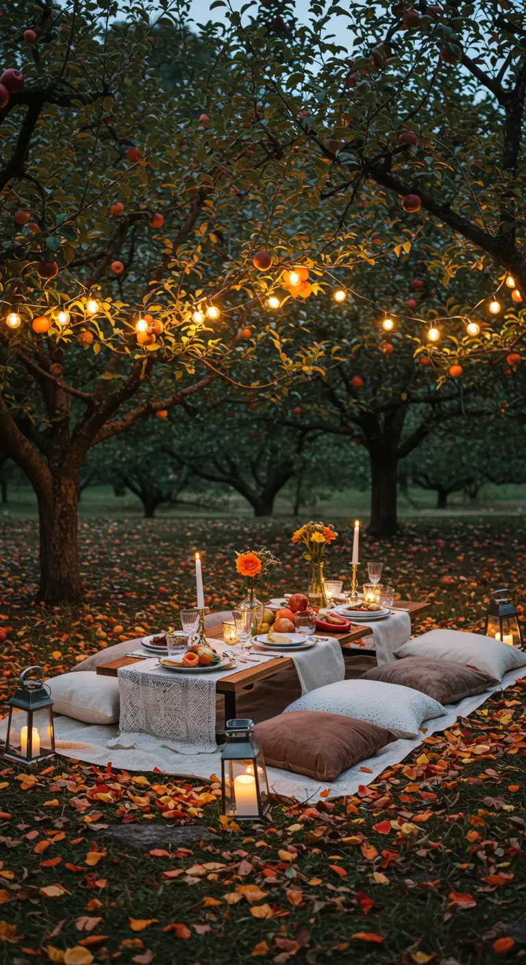 Pique-nique romantique dans un verger d'automne avec des guirlandes.