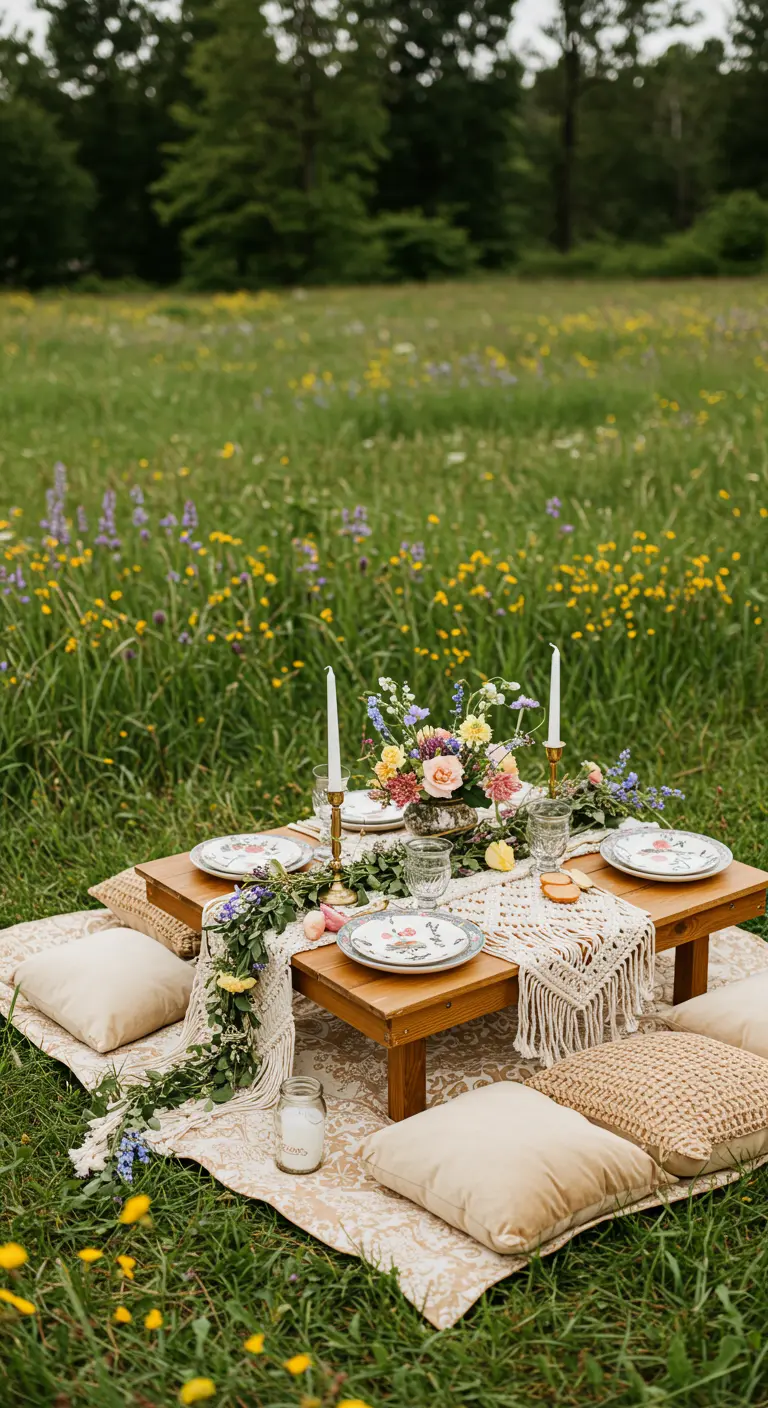 Table basse pour un pique-nique dans un pré fleuri, entourée de coussins.