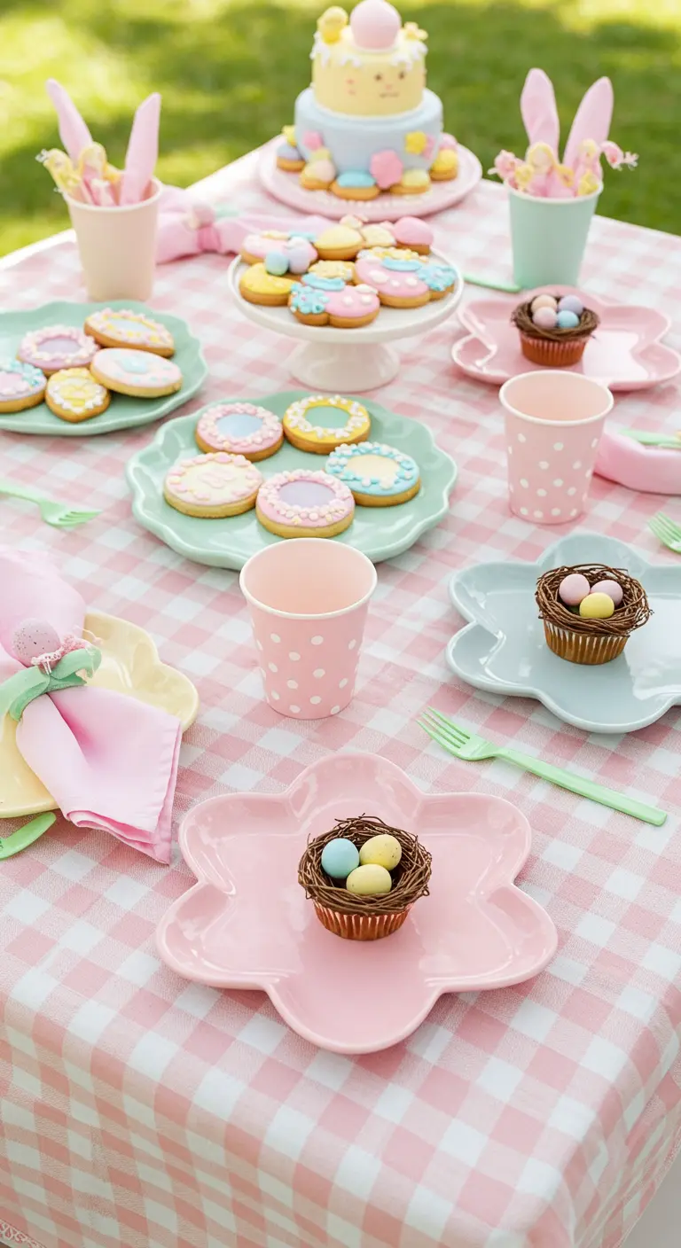 Table de pique-nique de Pâques pour enfants avec nappe vichy rose et biscuits décorés.