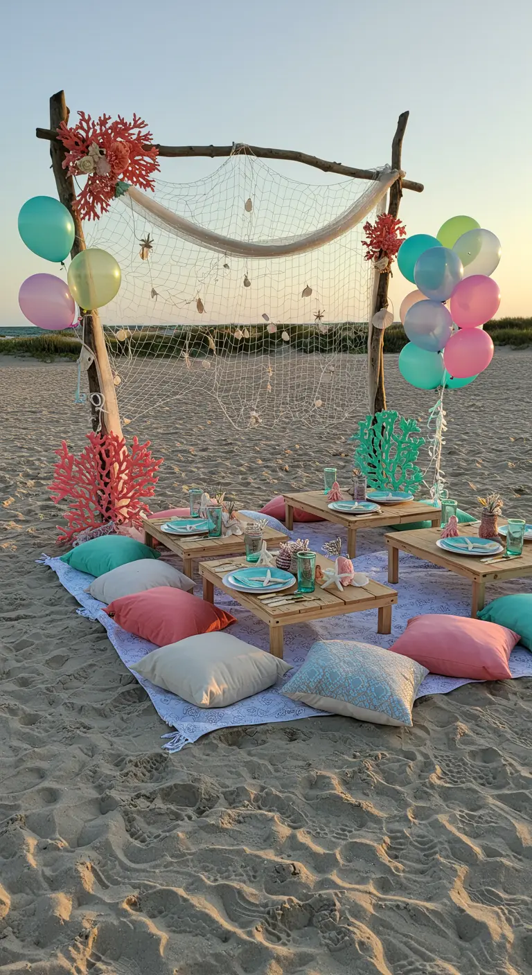 Pique-nique sirène sur la plage avec un cadre en bois décoré d'un filet.