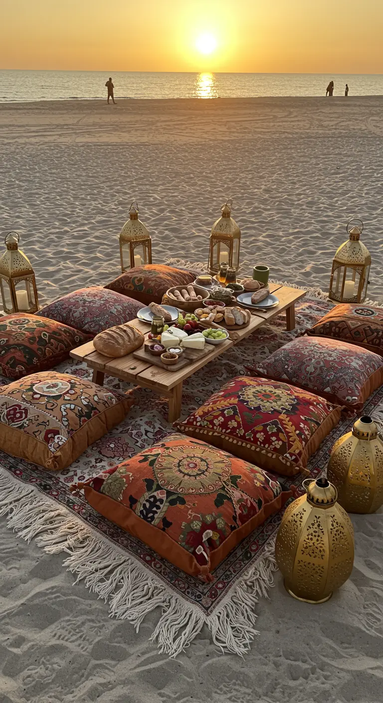 Pique-nique sur la plage au coucher du soleil avec des coussins et des lanternes dorées.