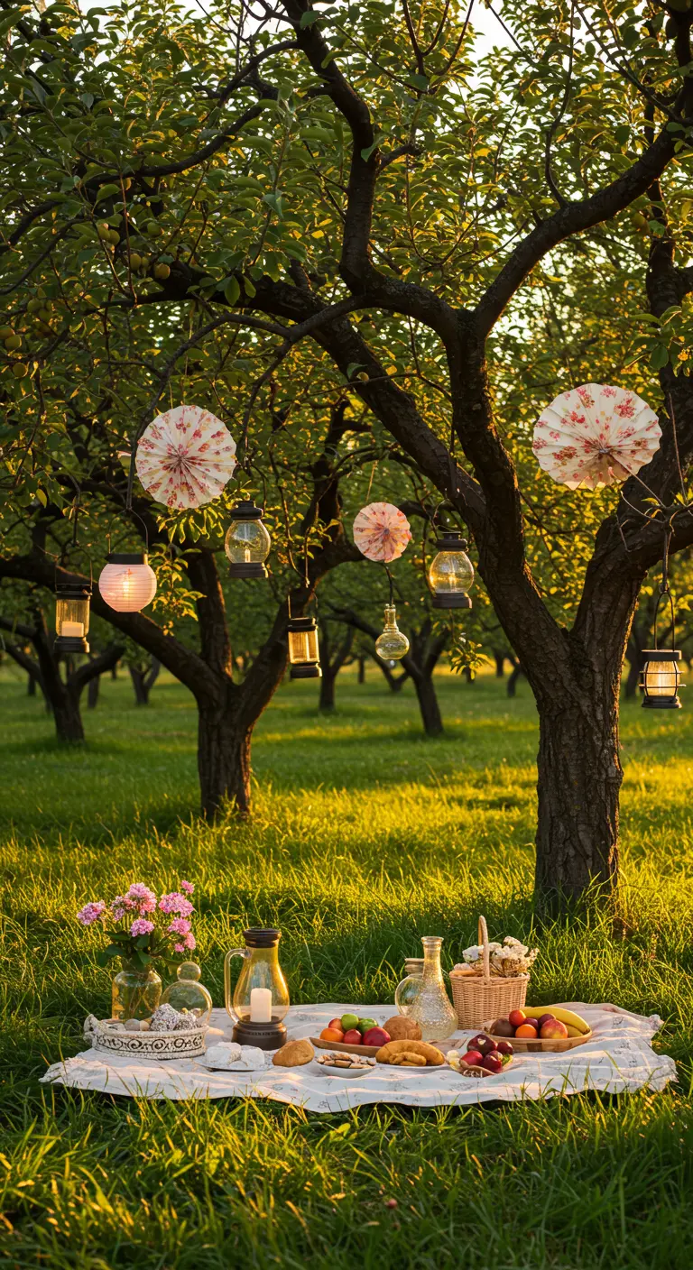Pique-nique printanier dans un verger, avec lampions et éventails décoratifs suspendus.