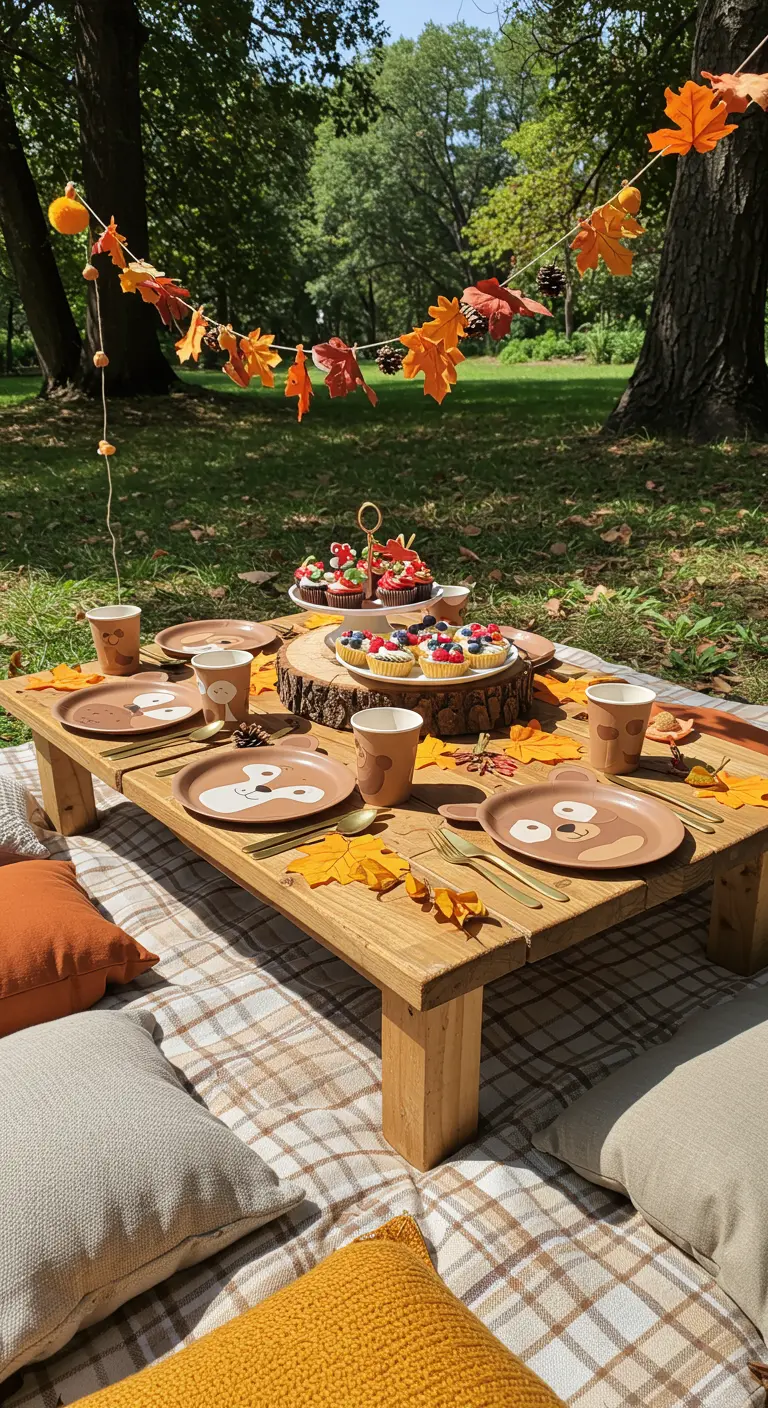Pique-nique en forêt avec table basse, assiettes ours et coussins sur une nappe à carreaux.