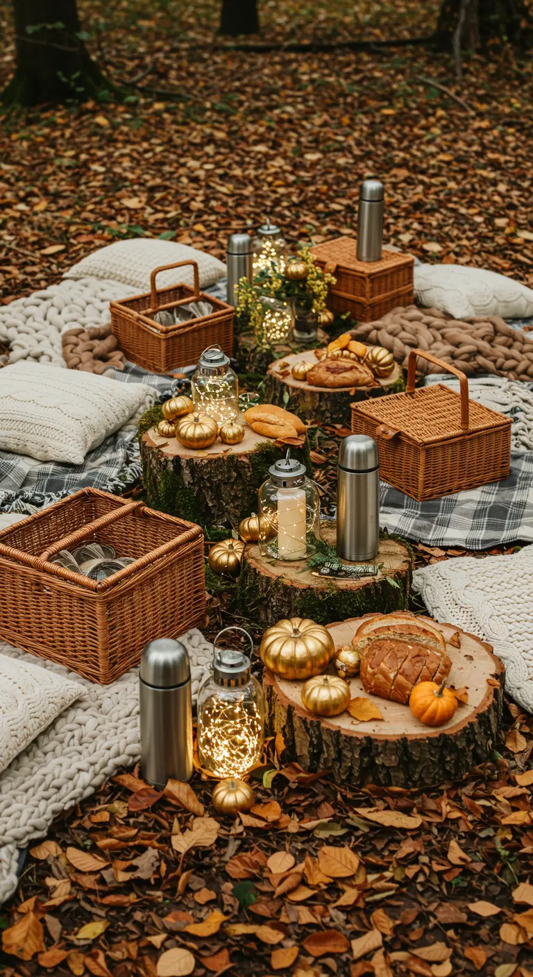 Pique-nique en forêt avec des rondins de bois, des plaids et des lanternes lumineuses.