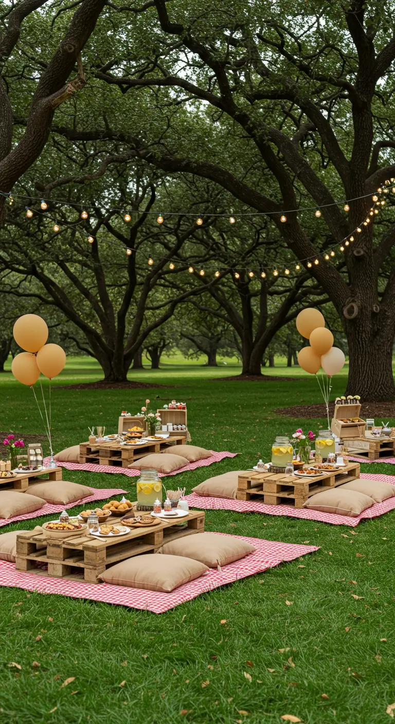Pique-nique champêtre avec nappes vichy et guirlandes lumineuses sous de grands arbres.