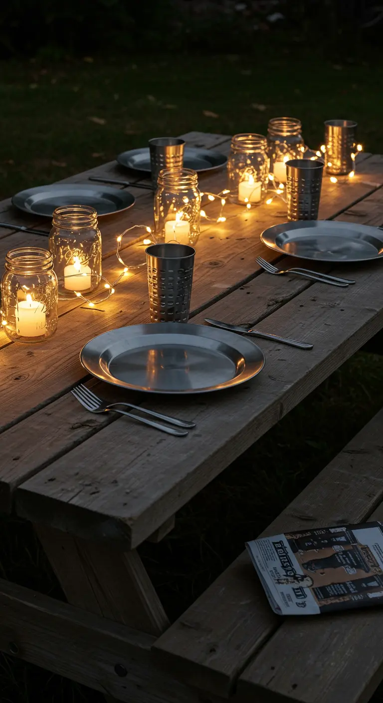 Table de pique-nique la nuit, éclairée par une guirlande lumineuse et des bougies dans des bocaux.