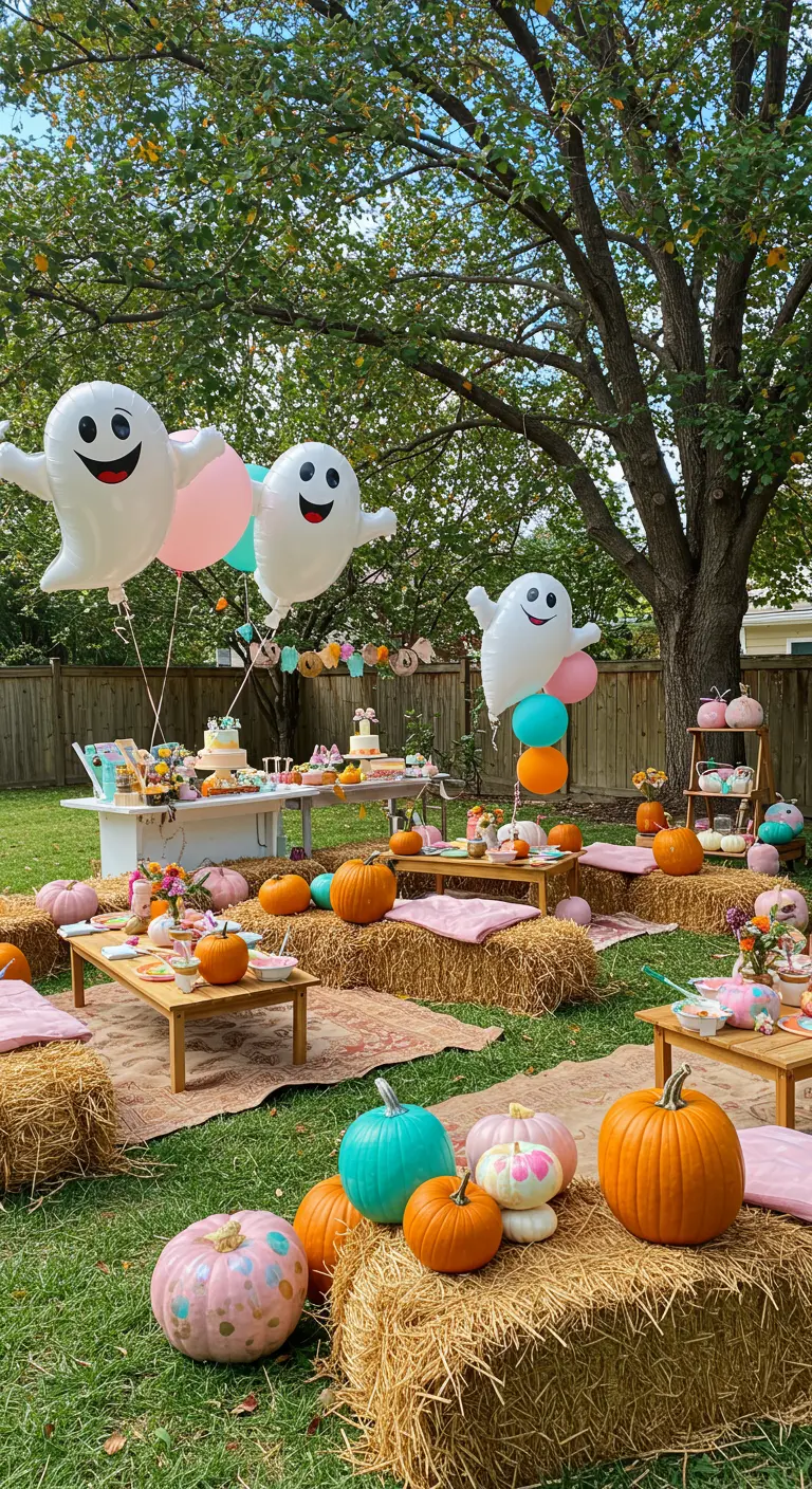 Fête d'anniversaire Halloween dans un jardin avec des bottes de paille.