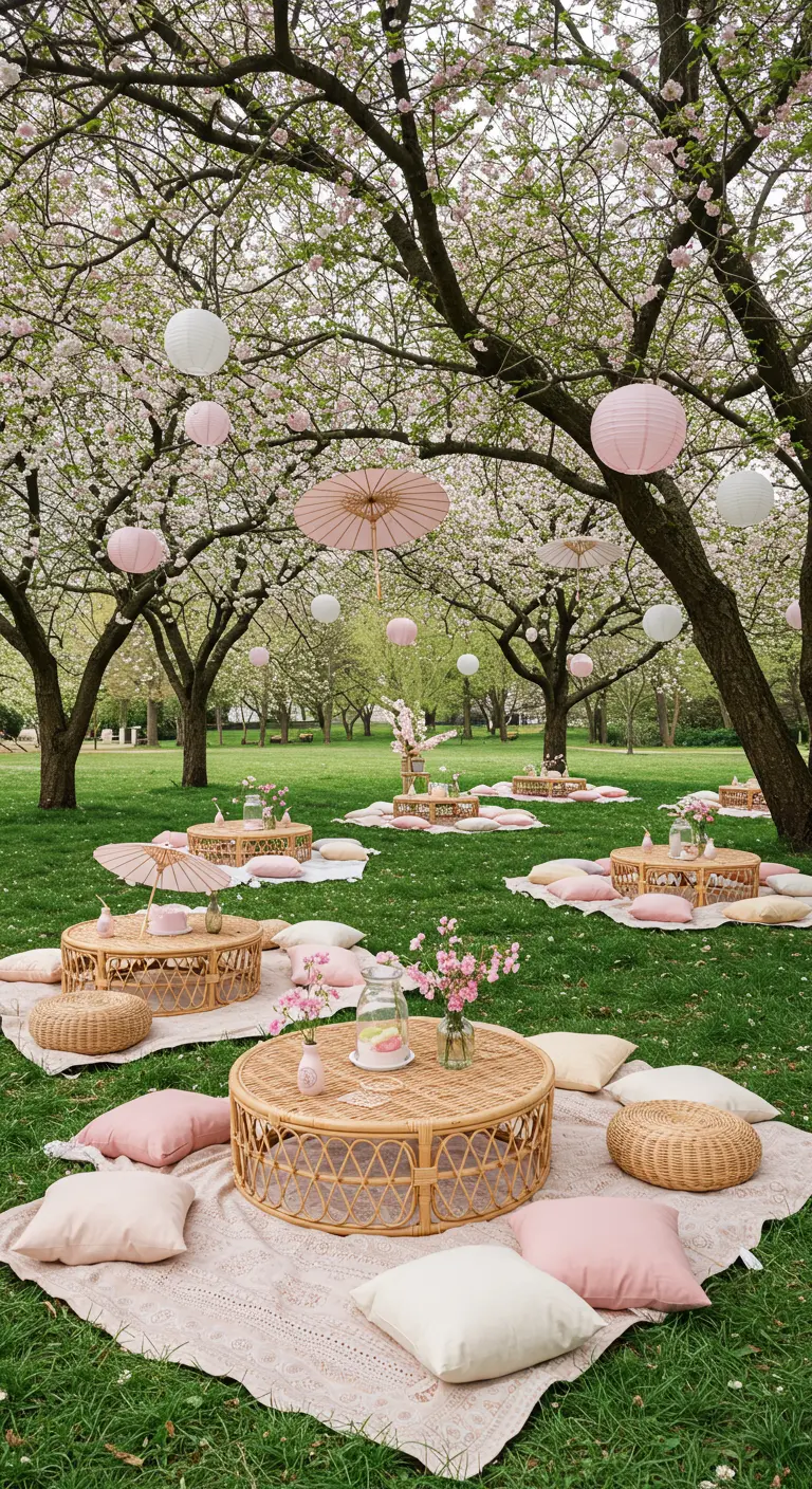 Pique-nique chic sous les cerisiers en fleurs, avec tables basses, coussins pastel et lampions roses.