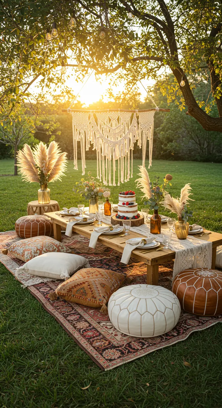 Pique-nique bohème-chic dans un jardin au coucher du soleil.