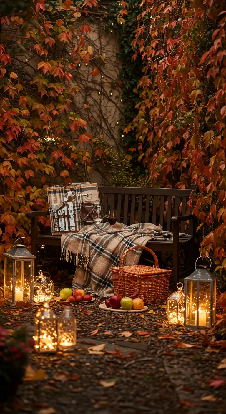 Banc avec plaid et panier de pique-nique, entouré de lanternes sous un feuillage d'automne.