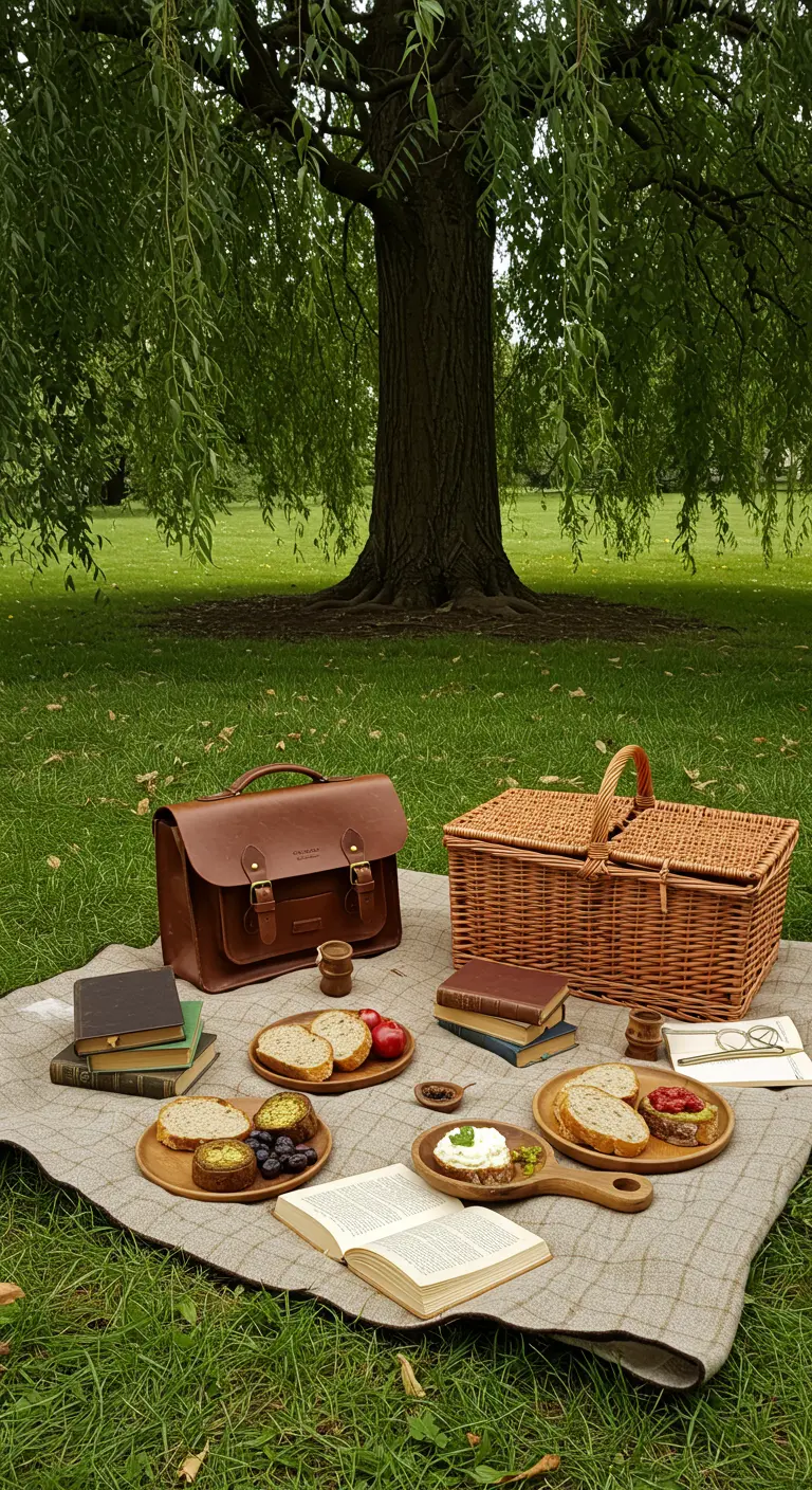 Pique-nique intellectuel avec des livres, une sacoche en cuir et un panier en osier.