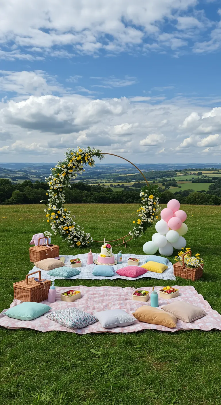 Pique-nique sur une colline avec un grand cerceau fleuri, des ballons et une vue panoramique.