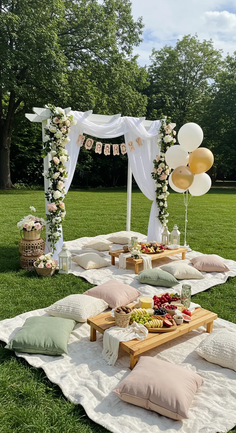 Pique-nique en plein air avec arche blanche fleurie, plaids, coussins pastel et tables basses en bois.