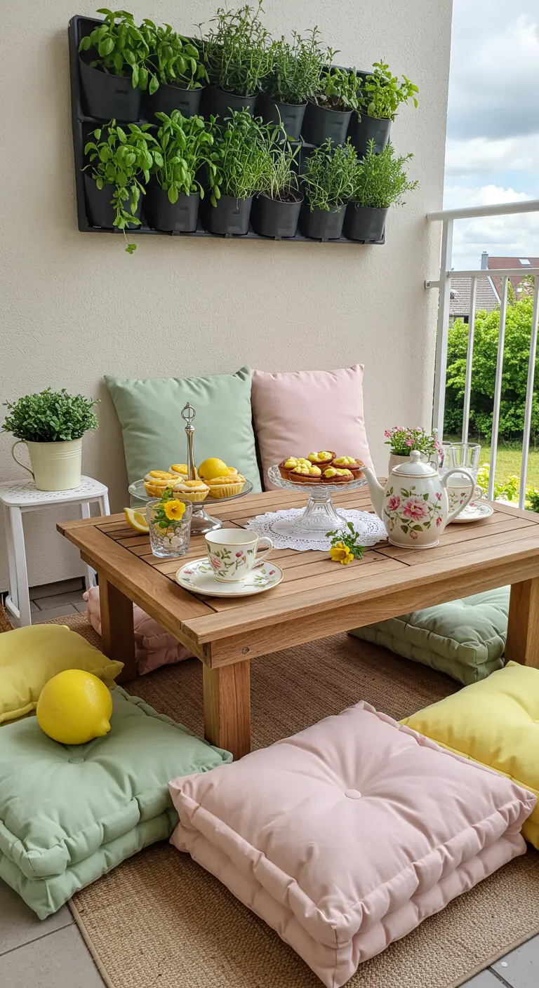 Balcon aménagé pour un thé avec des coussins de sol pastel et un jardin mural d'herbes.