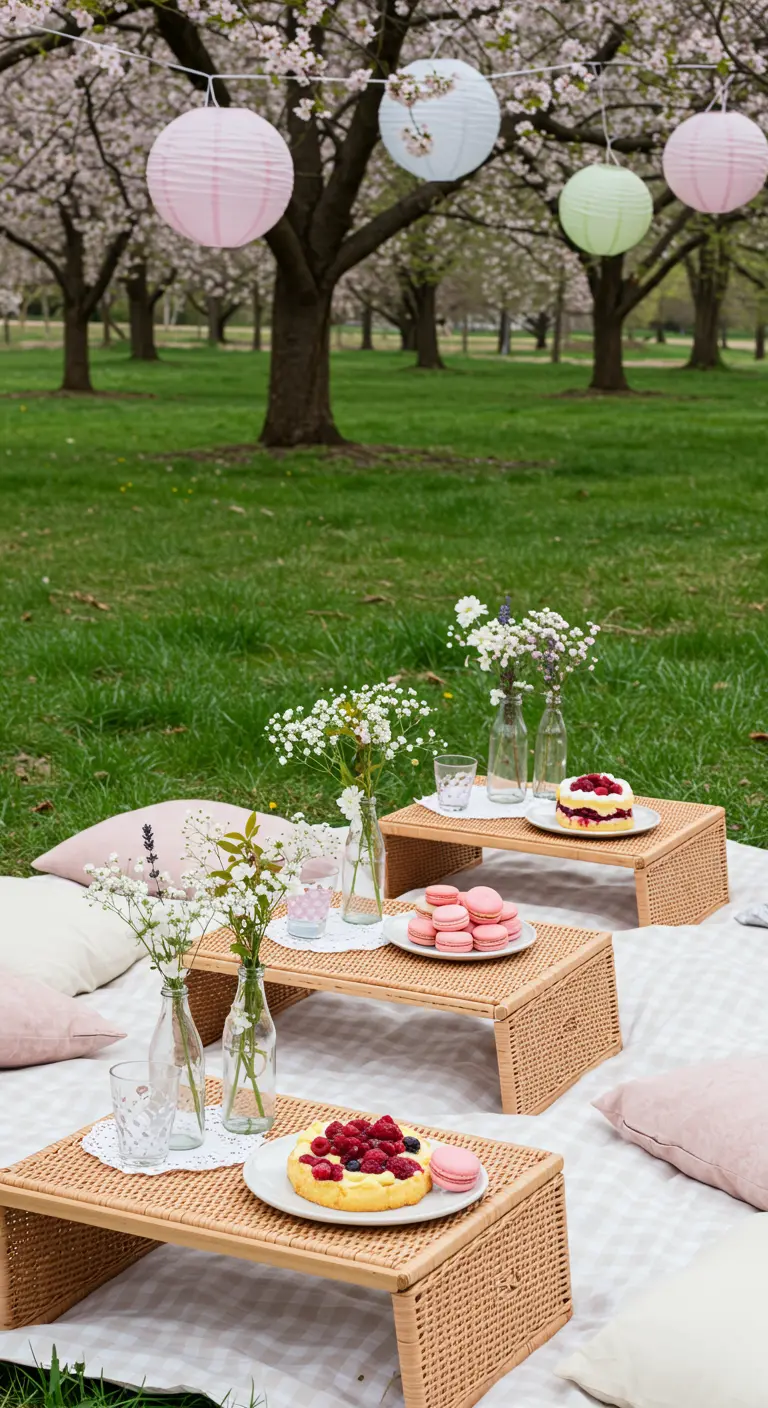 Pique-nique printanier avec petits bouquets de gypsophile, macarons et gâteaux sur des tables en osier.