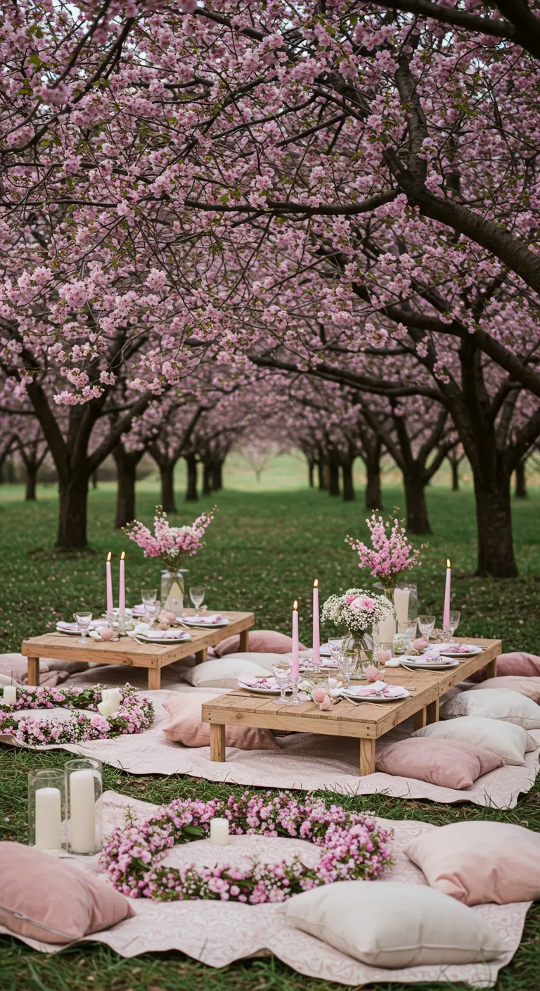 Pique-nique romantique sous des cerisiers en fleurs avec une décoration rose