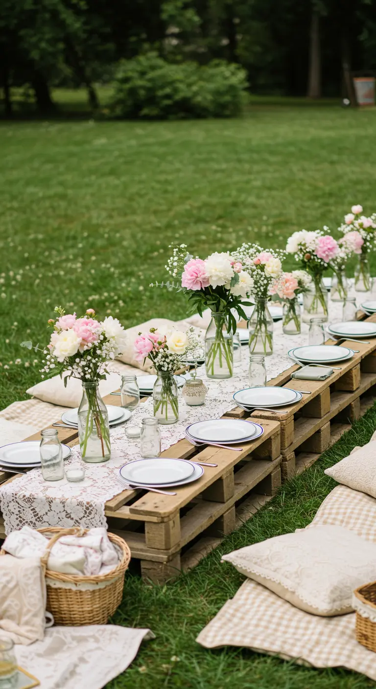 Pique-nique de mariage sur l'herbe avec tables en palettes, dentelle, pivoines roses et gypsophile.