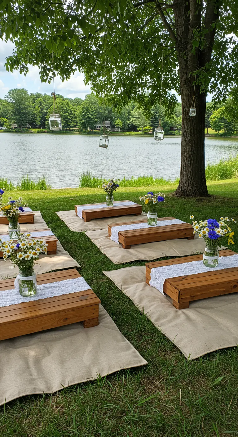 Pique-nique de mariage au bord d'un lac, tables basses, bocaux de fleurs sauvages et coussins.