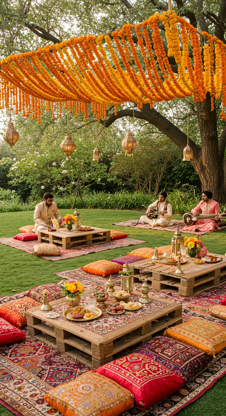 Pique-nique dans un jardin avec des tables basses faites de palettes et des coussins.