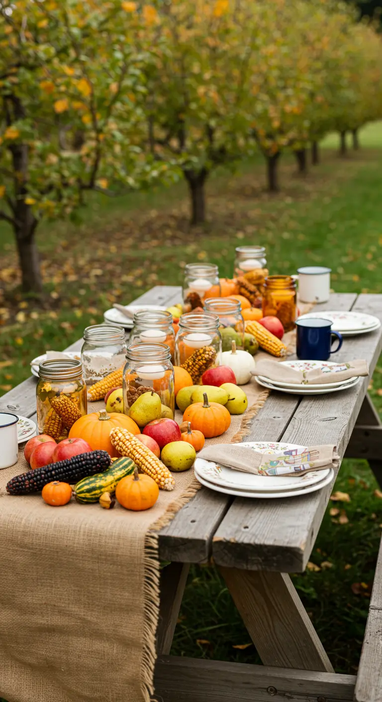Une table de pique-nique en bois dans un verger, décorée d'un chemin de table en toile de jute, de citrouilles, de fruits et de bocaux.