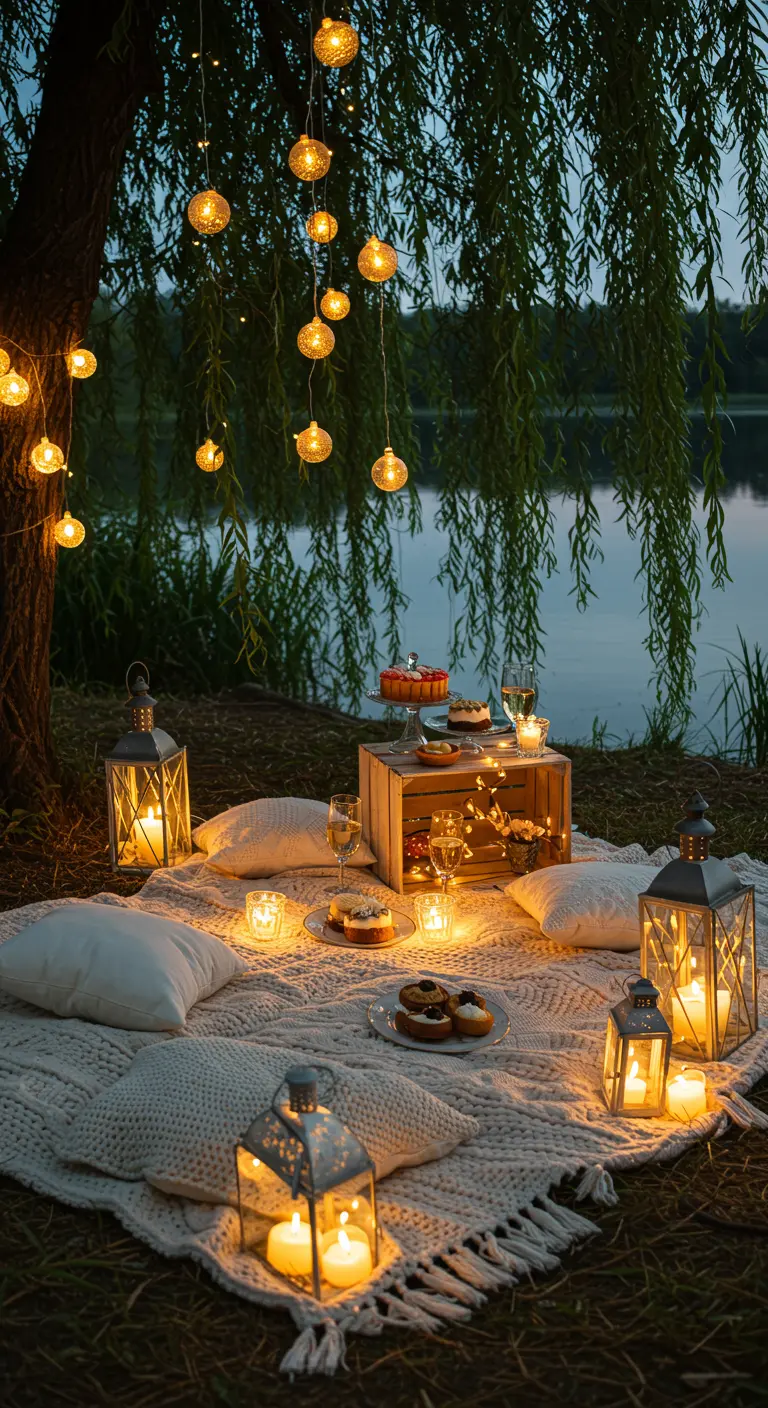 Pique-nique romantique de nuit au bord de l'eau, éclairé par des lanternes.