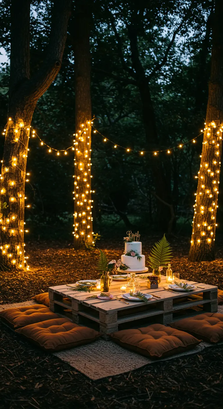 Table basse sur palettes dans les bois la nuit, éclairée par des guirlandes lumineuses.