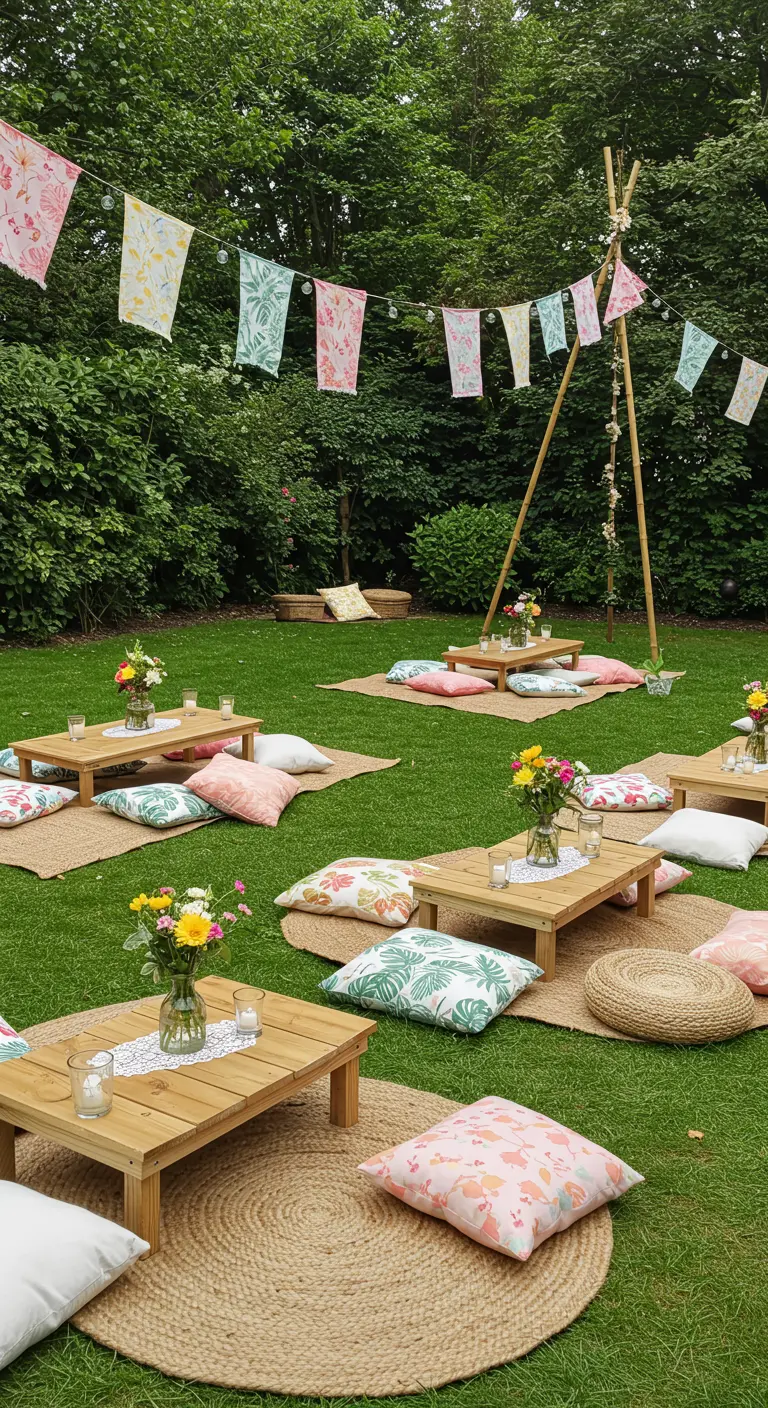 Pique-nique chic dans un jardin avec tables basses, coussins tropicaux et fanions.
