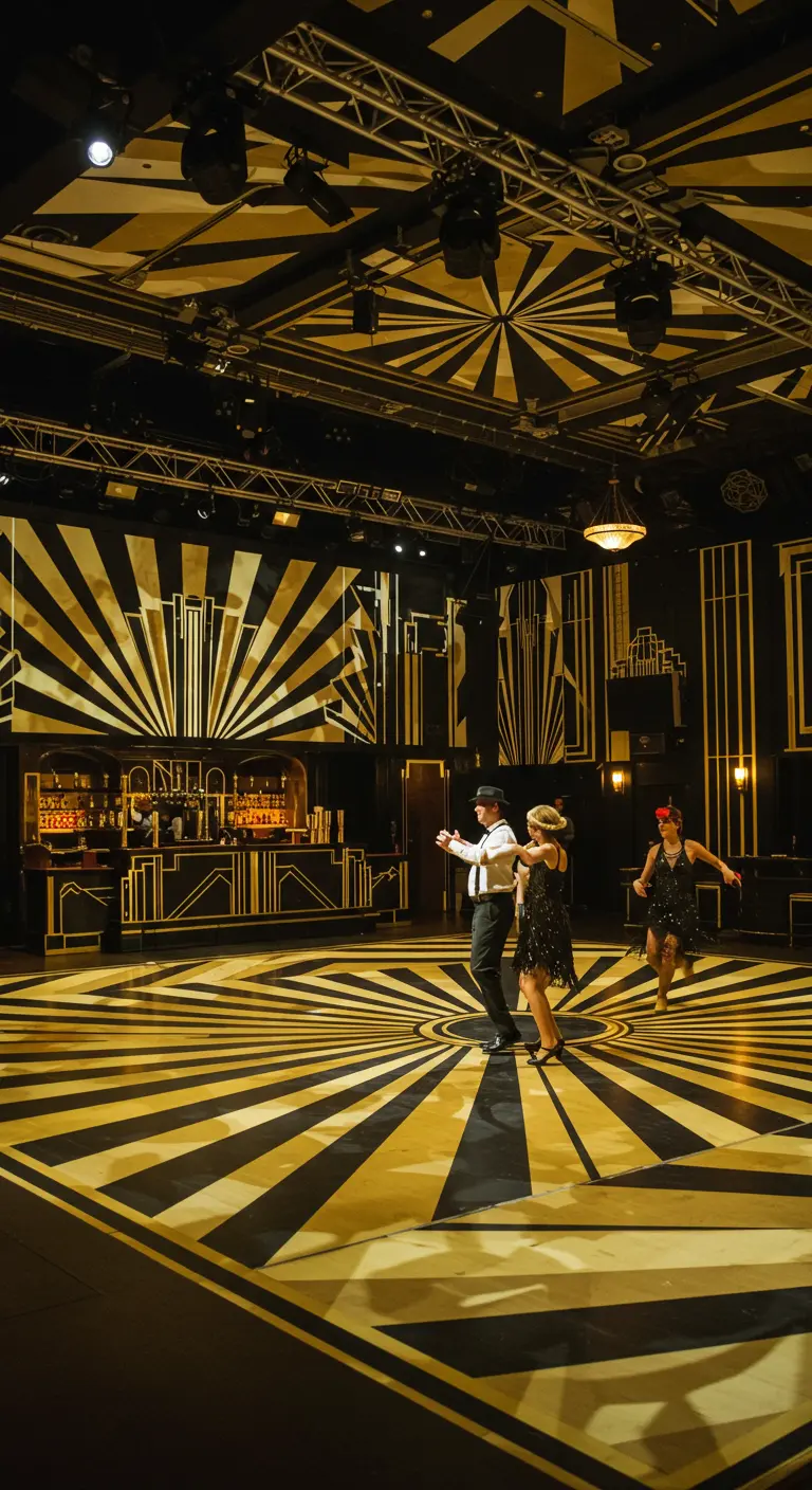 Des couples dansant sur une piste de danse avec un motif Art Déco noir et or.